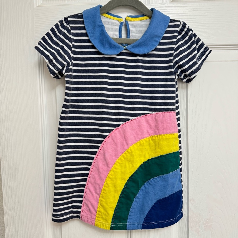 Navy Striped Kids Dress with Rainbow appliqué 100% cotton